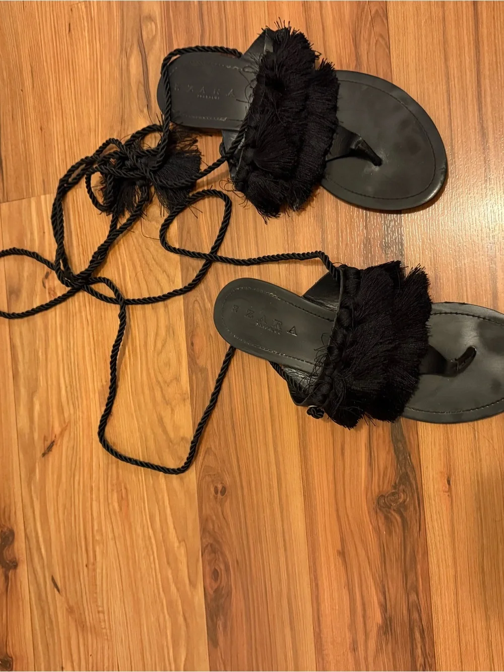 Zara Black Fringe Tie-Up Sandals - Picture 4 of 9
